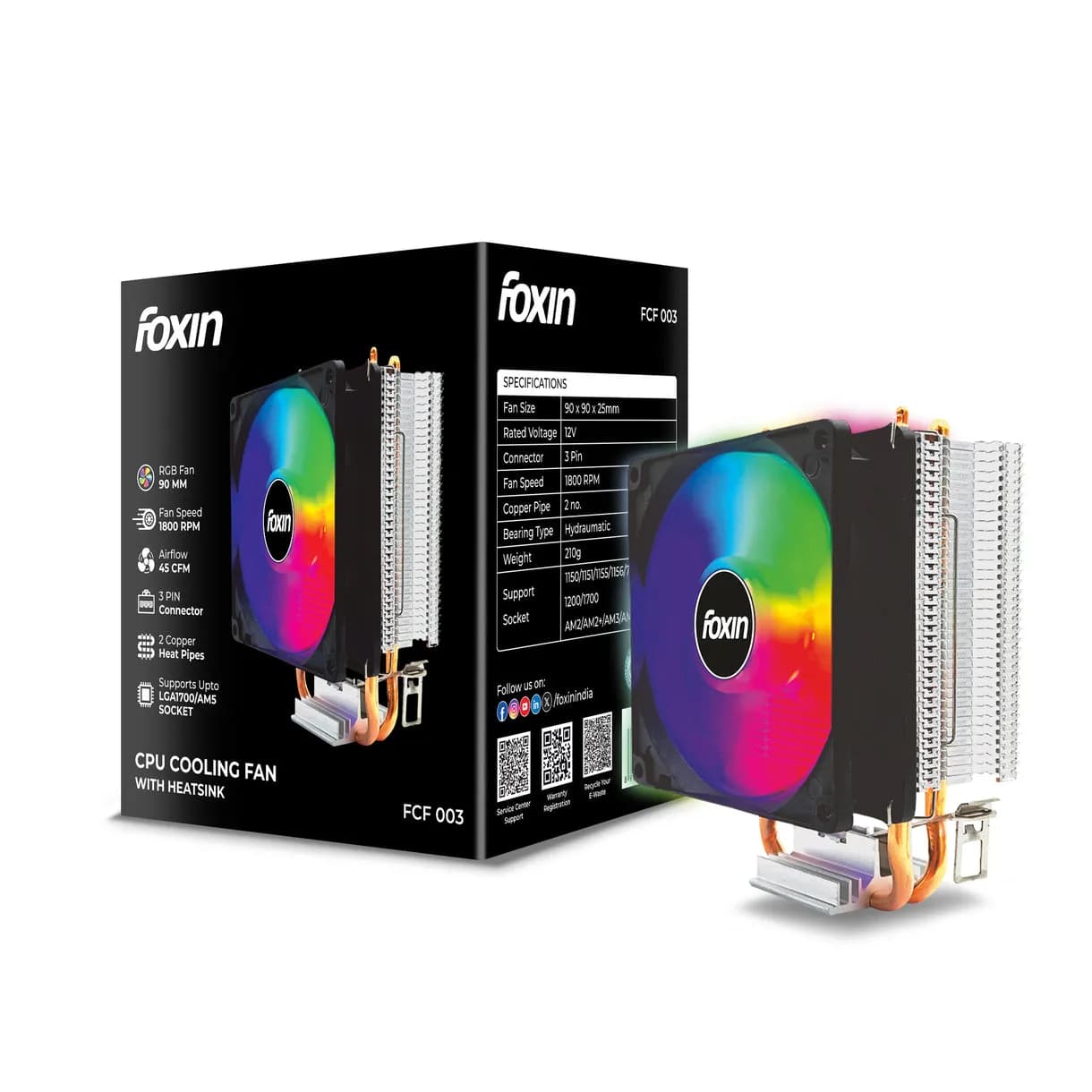 Foxin CPU Fan For Intel and AMD Socket 90mm RGB FCF 003