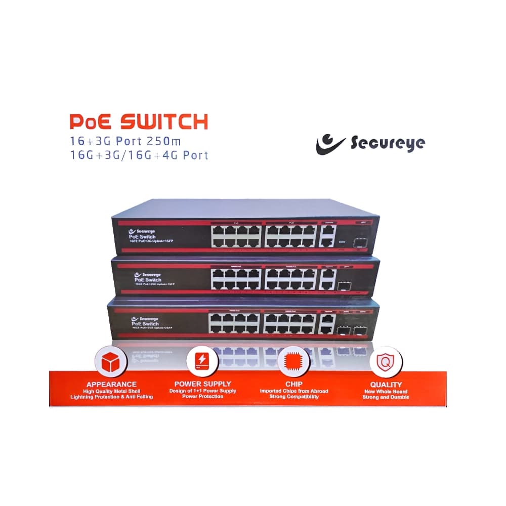 Secureye Poe Switch 16 Port (16 GE + 2 GE + 1 SFP Port) S-16GE-2UG-1UF-300W-NB