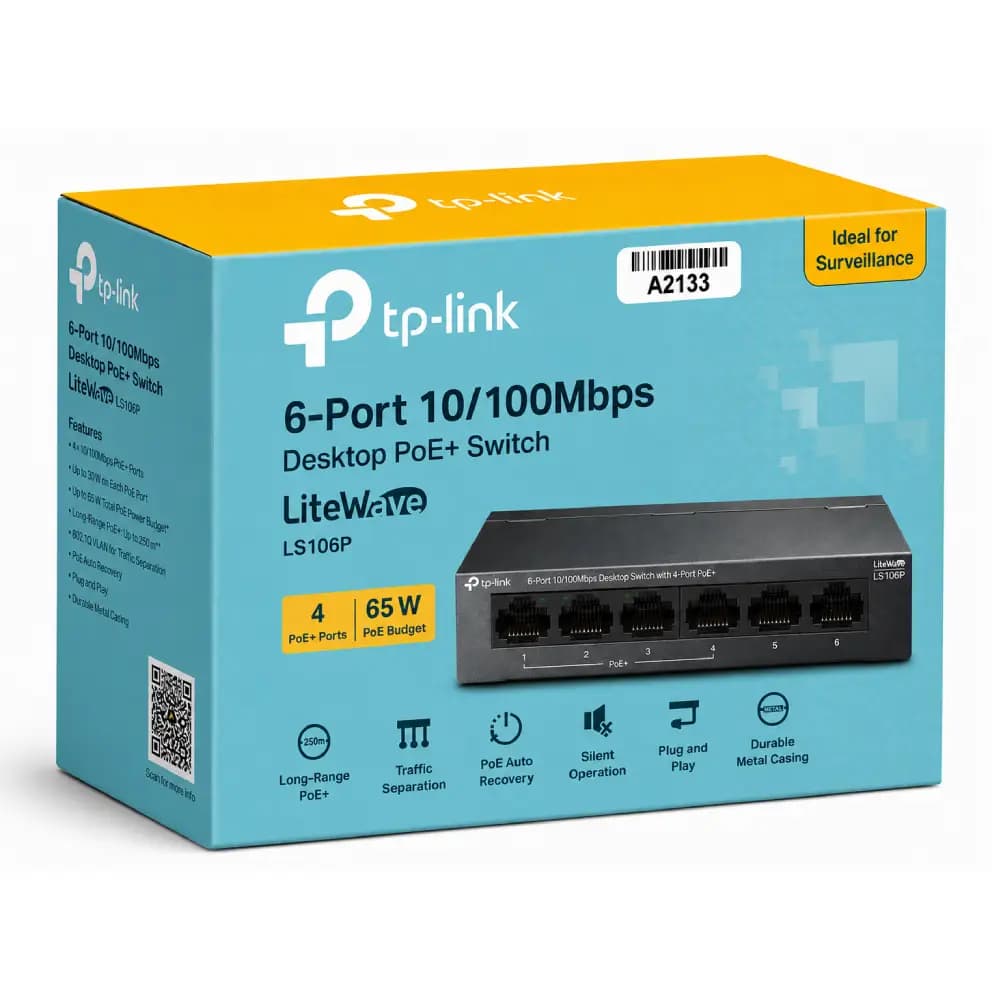 TP-Link Poe Switch 4 Port (4 FE + 2 FE Port) LS106P 65W PoE Budget