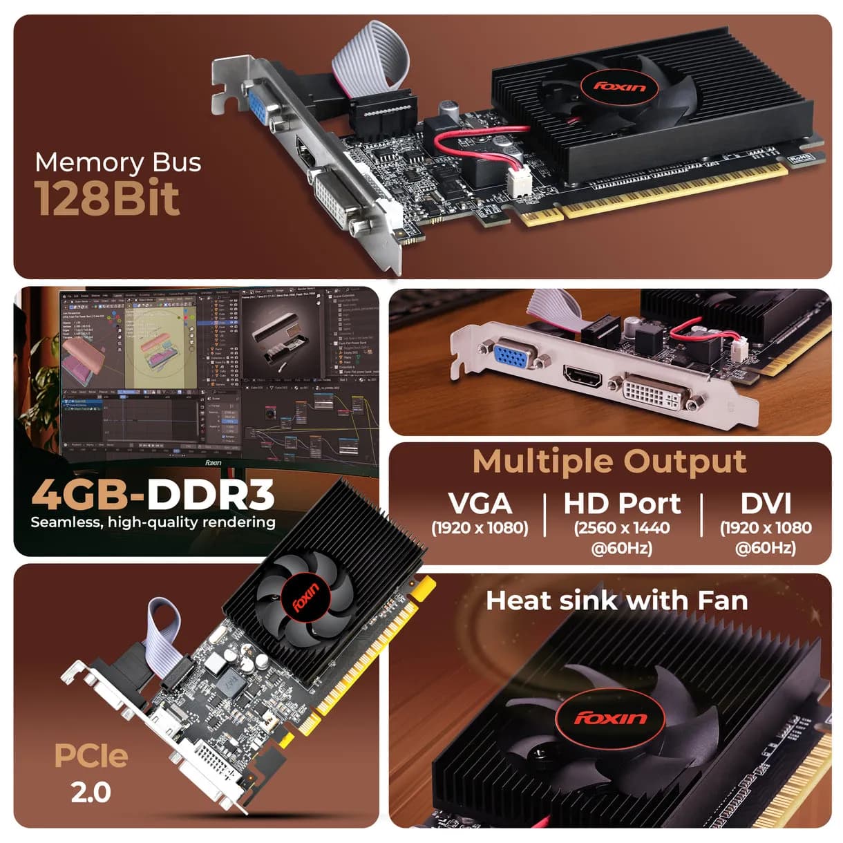 Foxin Nvidia Graphic Card GT730 4GB DDR3 with HDMI, DVI, VGA Port