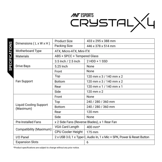 Ant Esports Gaming Cabinet Crystal x4 ARGB Dual Chamber Black