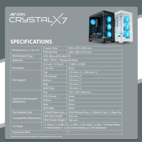 Ant Esports Gaming Cabinet Crystal x7 Black with Type-C