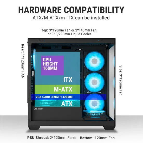 Ant Esports Gaming Cabinet Crystal x7 Black with Type-C