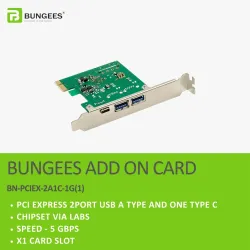 Bungees PCIe X1 To 2 Port USB 3.0 1 Port Type-C Add On Card