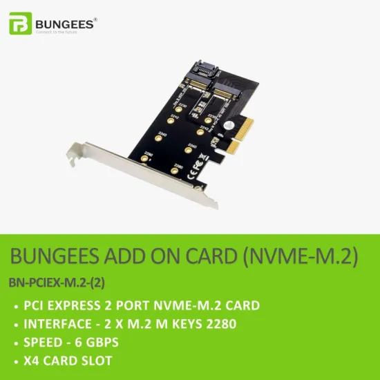 Bungees PCIe x4 To 2 M.2 NVMe SSD Slot Add On Card