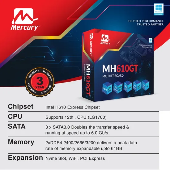Mercury MH610GT DDR4 Motherboard For Intel 12th TO 14th Gen With NVMe