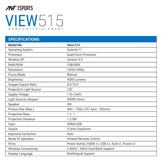 Ant Esports Projector VIEW515 (USB | HDMI)