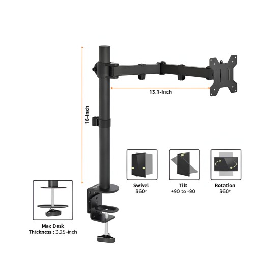 LED Monitor Mount Stand For 1 LED With Table Clamp 15 Inch Height