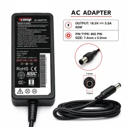 Scomp Laptop Adapter Compatible For HP 65w | 18.5v/3.5a | 7.4mm x 5.0mm Big Pin (Without Box)
