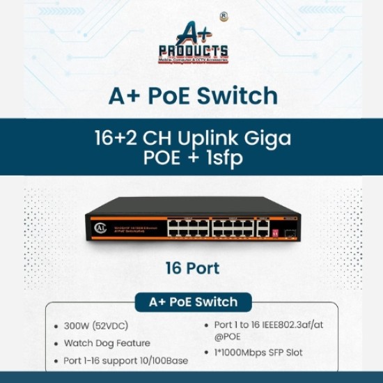 A+Products 16 Port Poe Switch (16 Normal Poe + 2 Giga Uplink + 1 SFP) (250w)