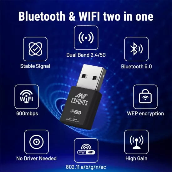 Ant Esports USB To Wi-Fi Adapter With Bluetooth 600 Mbps AE600B