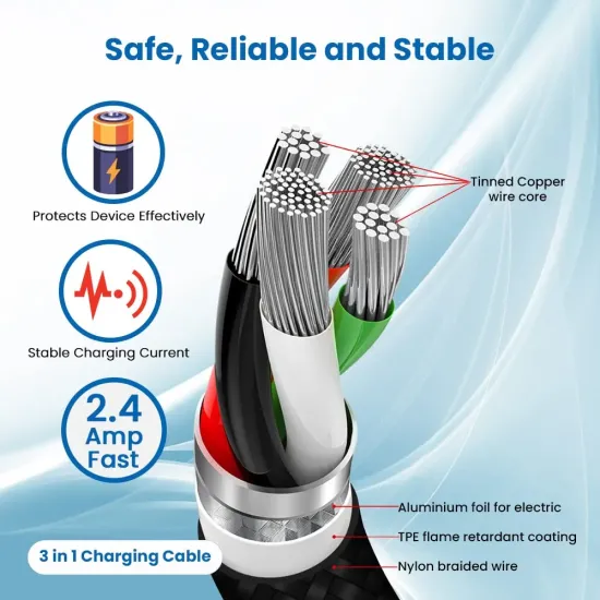 EVM Mobile Charging Cable (Metal Head Nylon Braided Cable) 3 in 1