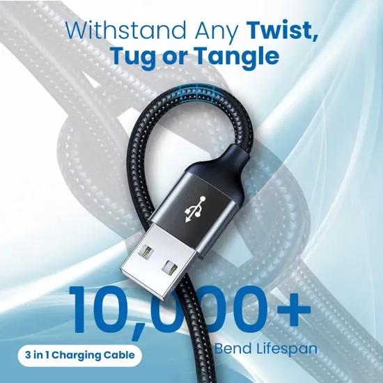 EVM Mobile Charging Cable (Metal Head Nylon Braided Cable) 3 in 1