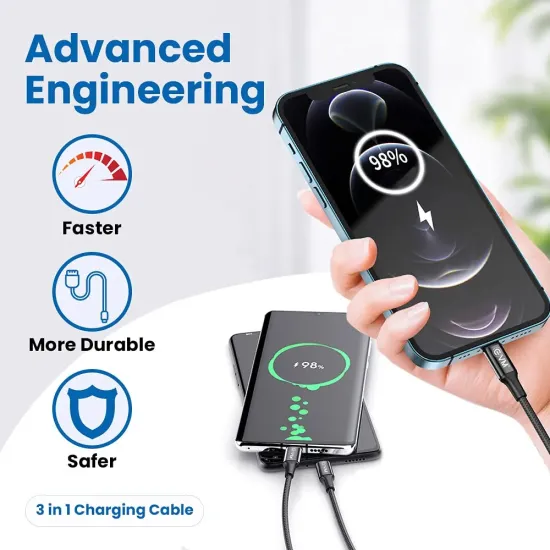 EVM Mobile Charging Cable (Metal Head Nylon Braided Cable) 3 in 1