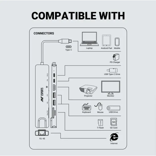 Ant Esports TYPE C HUB Dock 8 in 1 (HDMI | USB | LAN | TF | SD CARD | TYPE-C) AEC810