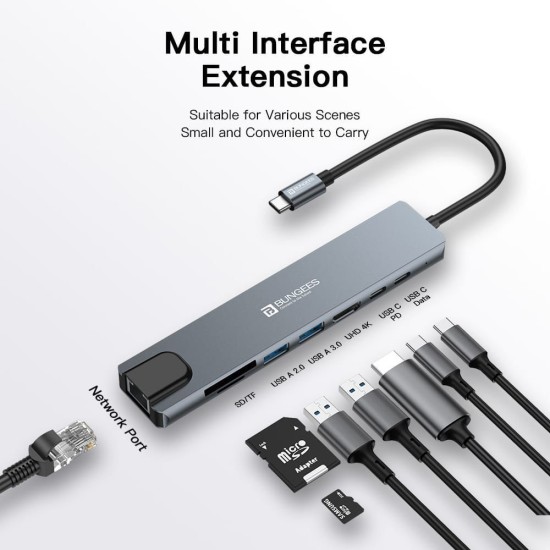 Bungees Type-C HUB Dock 8 in 1 (HDMI | USB | LAN | TF | SD CARD | TYPE-C) BN-DST801