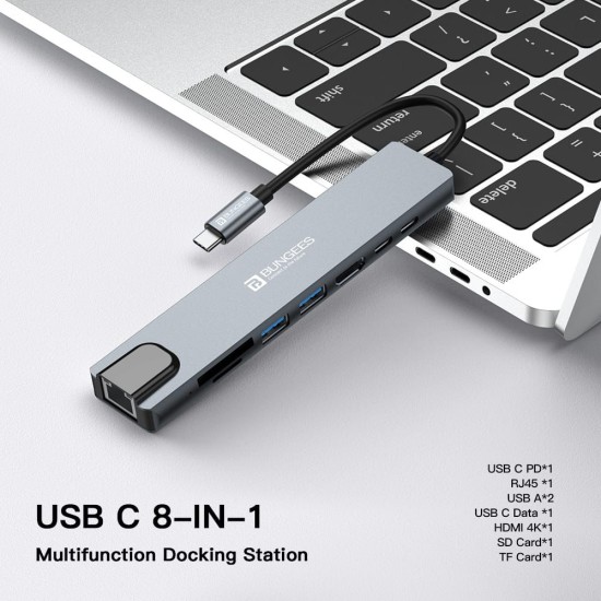 Bungees Type-C HUB Dock 8 in 1 (HDMI | USB | LAN | TF | SD CARD | TYPE-C) BN-DST801