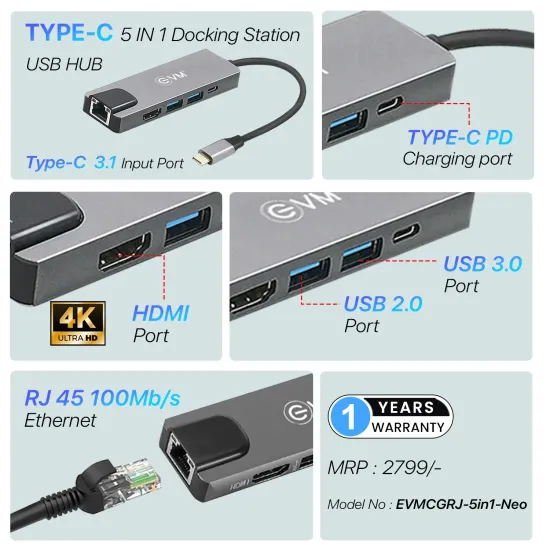 EVM Type-C Dock 5 IN 1 (HDMI+2USB+TYPE-C+LAN) (CGRJ)