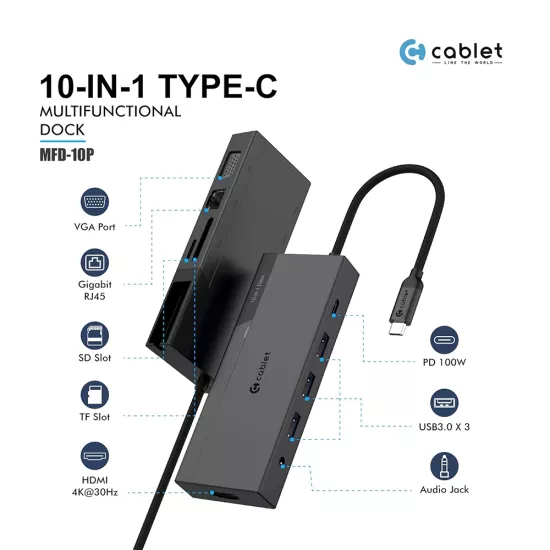 CABLET TYPE-C HUB DOCK 10 IN 1 (USB | HDMI | VGA | LAN | SD | TFT | TYPE-C | AUDIO)