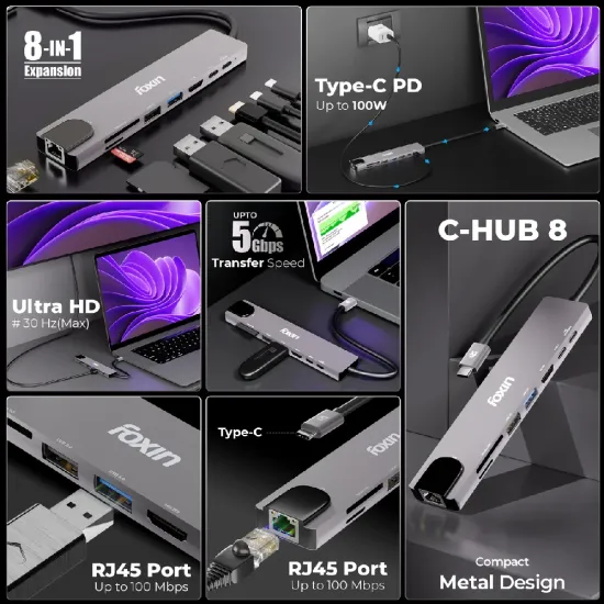 Foxin  Type-C Hub 8 in 1 (HDMI | USB 3.0 | PD) C-HUB 8