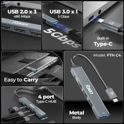 Foxin Type-C to 4 Port USB Hub 3.0 (Metal Body) FTH C4