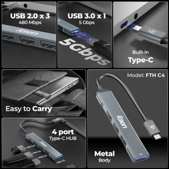 Foxin Type-C to 4 Port USB Hub 3.0 (Metal Body) FTH C4