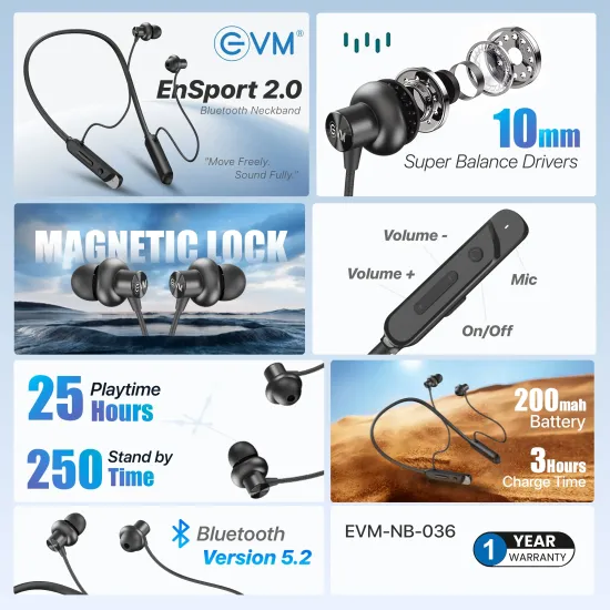 EVM Bluetooth Neckband Earphone EnSport 2.0 (NB-036) Black
