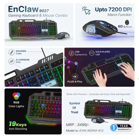 EVM Gaming Keyboard Mouse Combo Usb EnClaw 9027 (WDKM-612) Black Grey