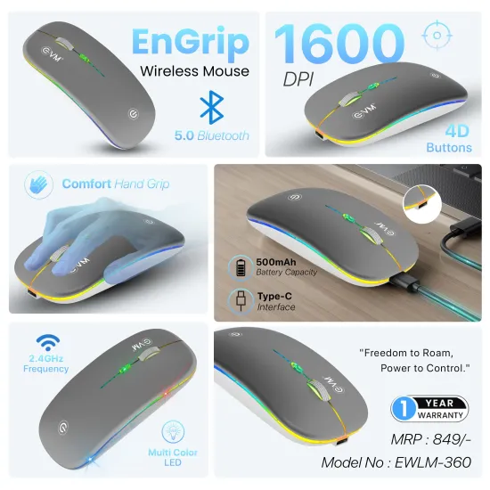 EVM Wireless + BT Mouse Rechargeable EnGrip EWLM 360 (With Type C) Silver