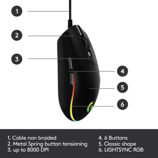 Logitech USB Gaming Mouse RGB Light Sync 6 Button G203