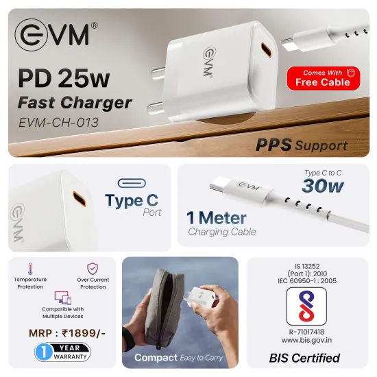 EVM Mobile PD Charger With Cable (Type-C to Type-C) 25W