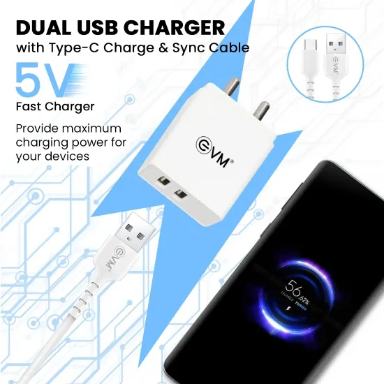 EVM Mobile Charger With Cable (USB to Type-C) Dual USB 12W
