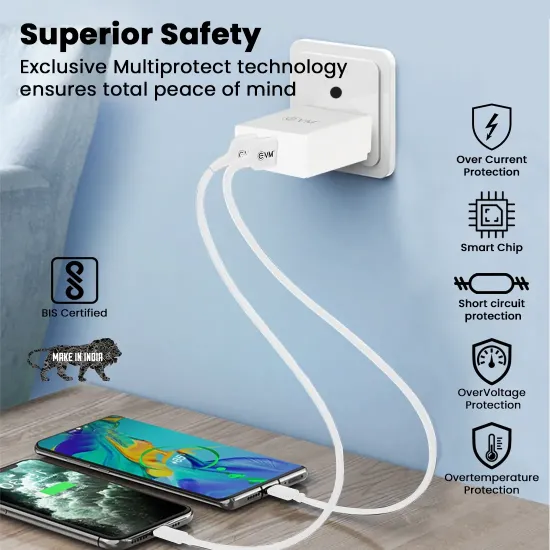 EVM Mobile Charger With Cable (USB to Type-C) Dual USB 12W