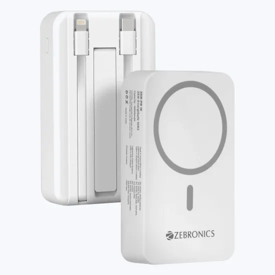 ZEBRONICS Power Bank 10000 mAh Magnetic Output with Type-C & Lightning Cable (EnergiSafe 10R2)