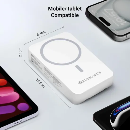 ZEBRONICS Power Bank 10000 mAh Magnetic Output with Type-C & Lightning Cable (EnergiSafe 10R2)