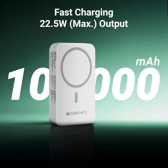ZEBRONICS Power Bank 10000 mAh Magnetic Output with Type-C & Lightning Cable (EnergiSafe 10R2)
