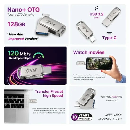 EVM Pendrive 128GB Elite Nano + Type-C OTG USB 3.2 (METAL)