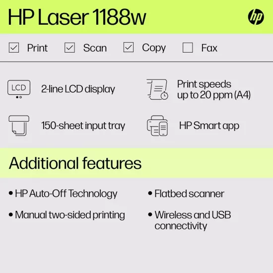 HP Laser Printer MFP1188W A4 Multi Function with WiFi