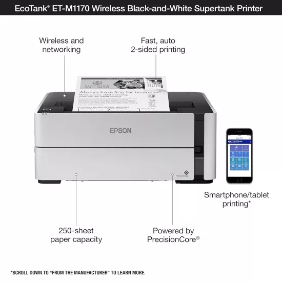 Epson Ink Tank Printer Mono M1170 A4 Single Function with Duplex | Lan | WiFi