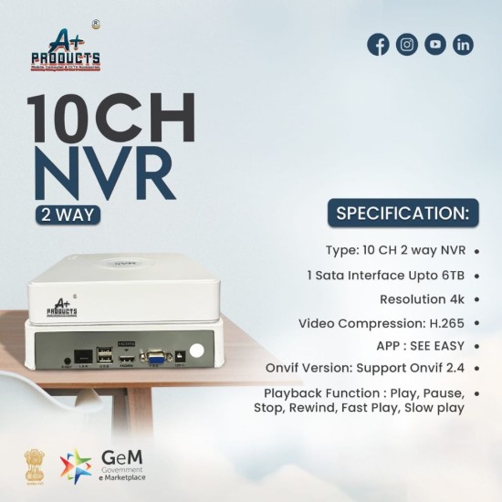 A+Products 4K 10ch 1 SATA H.265+ NVR ONVIF 2.4 Upto 8MP & 2 way Audio Support (BI-GV-NVR-6110E)
