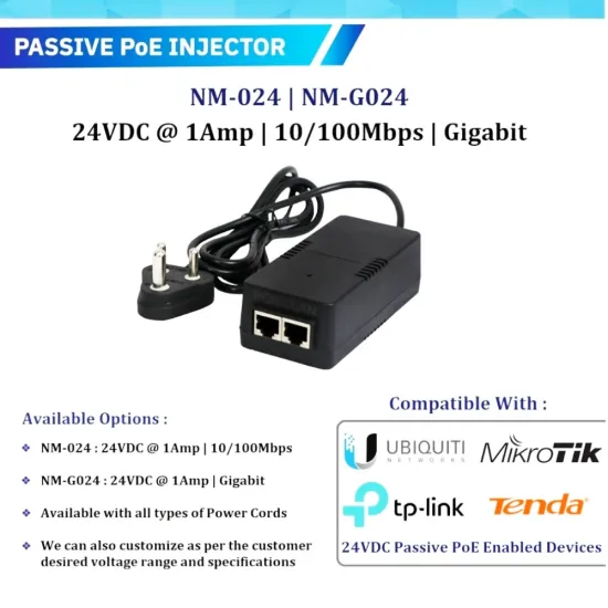Netstar Poe Injector Passive 24v/1a 10/100/1000 Mbps Gigabit NM-G024