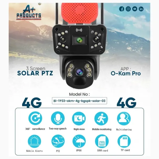 A+Products 2MP + 2MP 4G Dual Lens 3 Screen Solar PTZ Night Color Camera With Two Way Talk