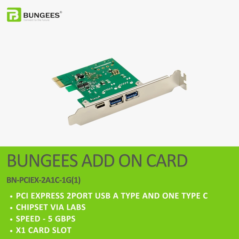 Bungees PCIe X1 To 2 Port USB 3.0 1 Port Type-C Add On Card view 2