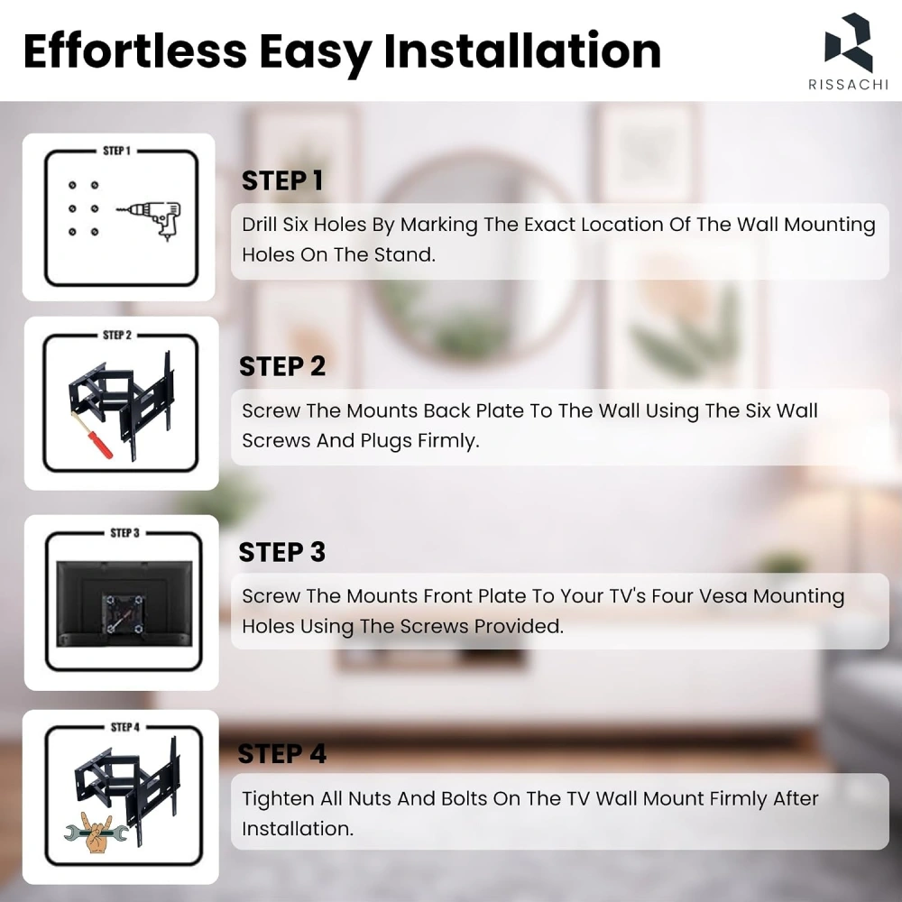 Rissachi LED Wall Mount Kit 26" To 65" | Moveable and Adjustable view 2