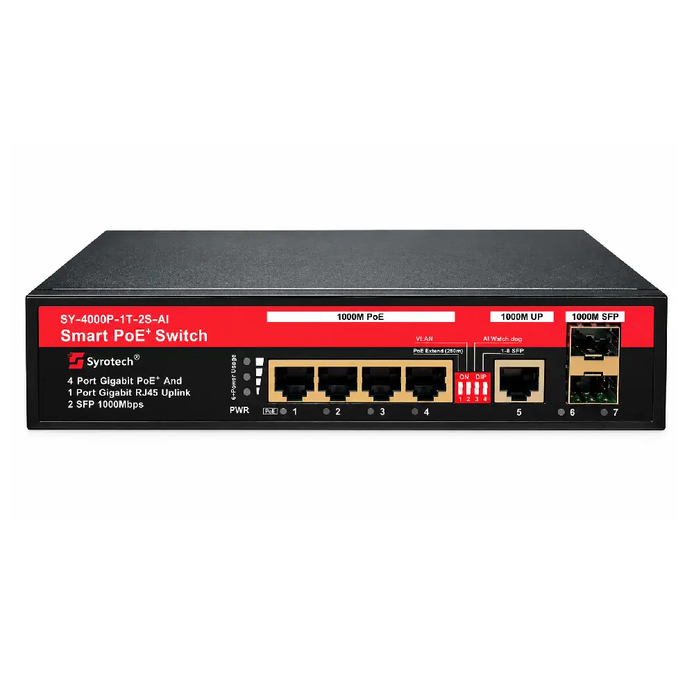 Syrotech Gigabit Poe Switch 4 Port (4 GE + 1 GE + 2 GE SFP Port) SY-4000P-1T-2S-AI view 2