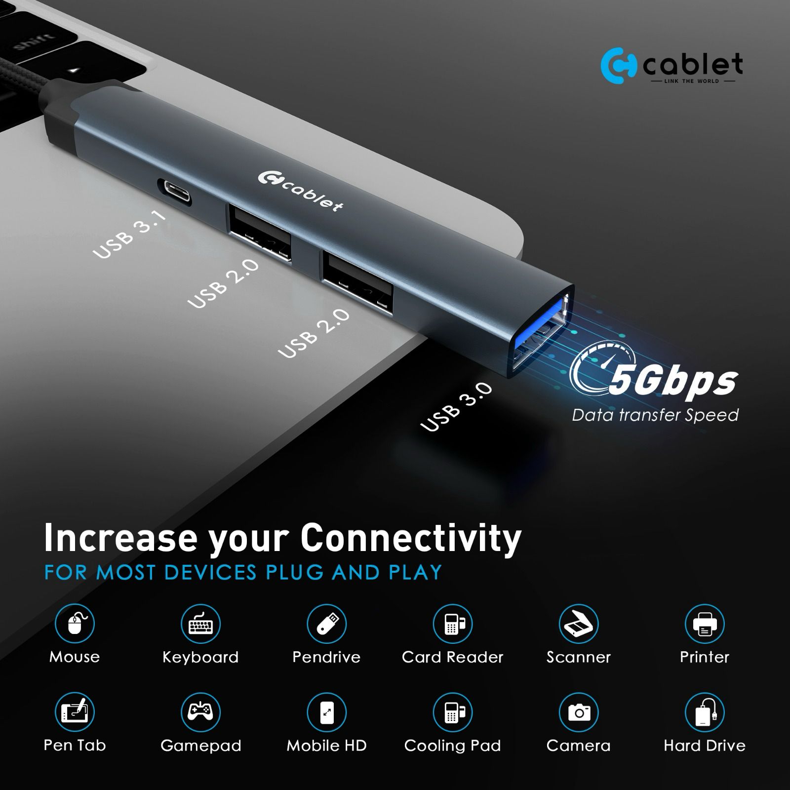 Cablet HB409 USB-A 4 Port USB 3.0 Hub view 2
