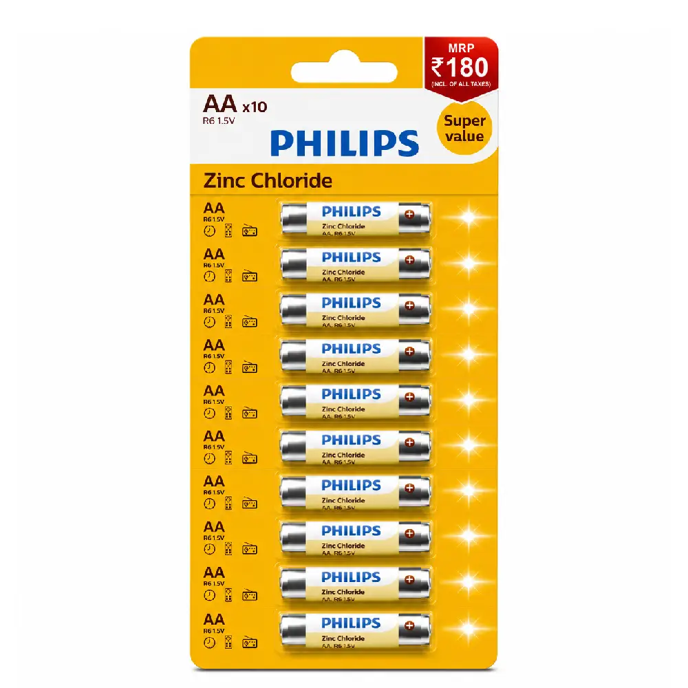 PHILIPS AA Zinc Chloride Batteries (Pack of 10)