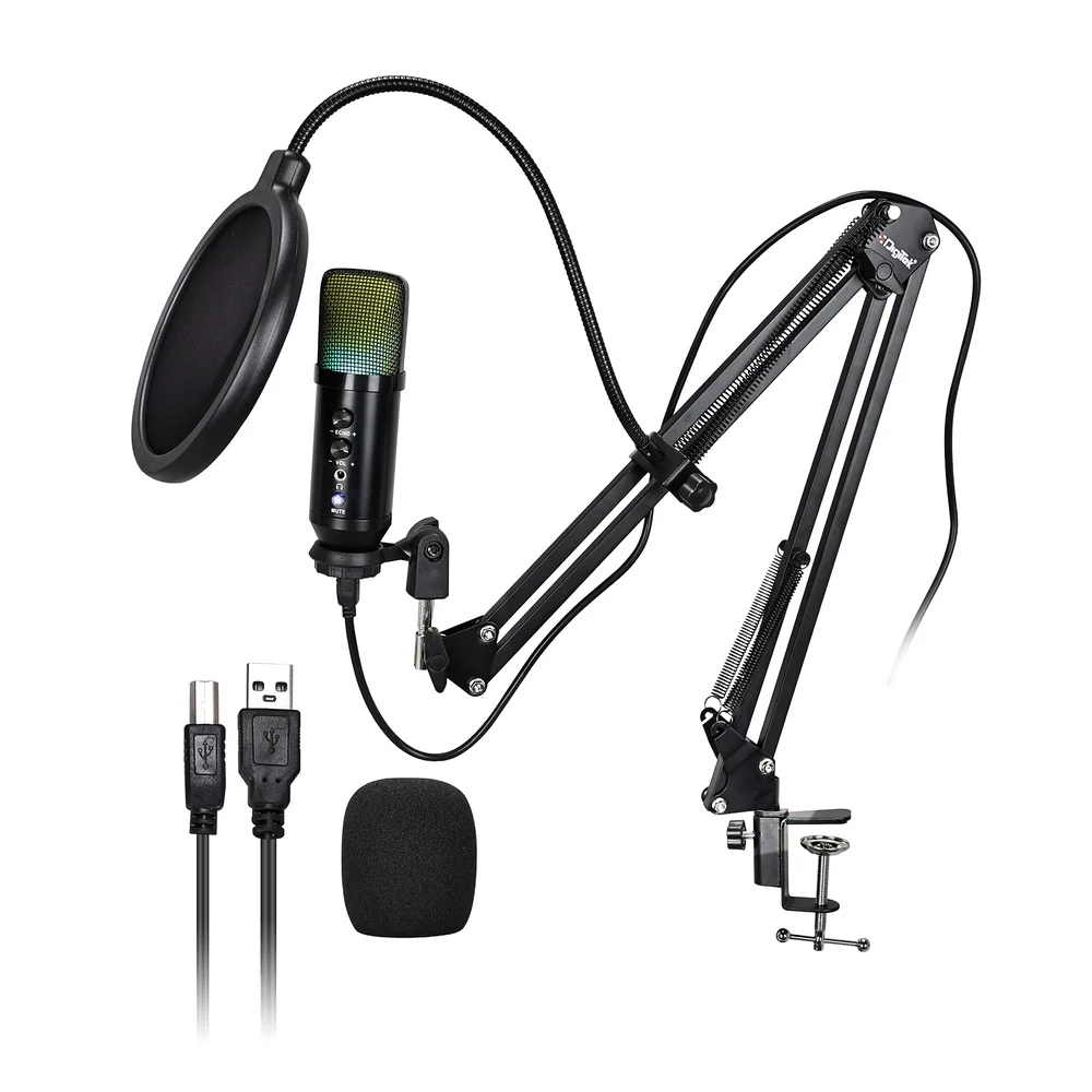 DigiTek USB | RGB Professional Gaming Microphone Kit with BoomArm For Podcast (DM-401)