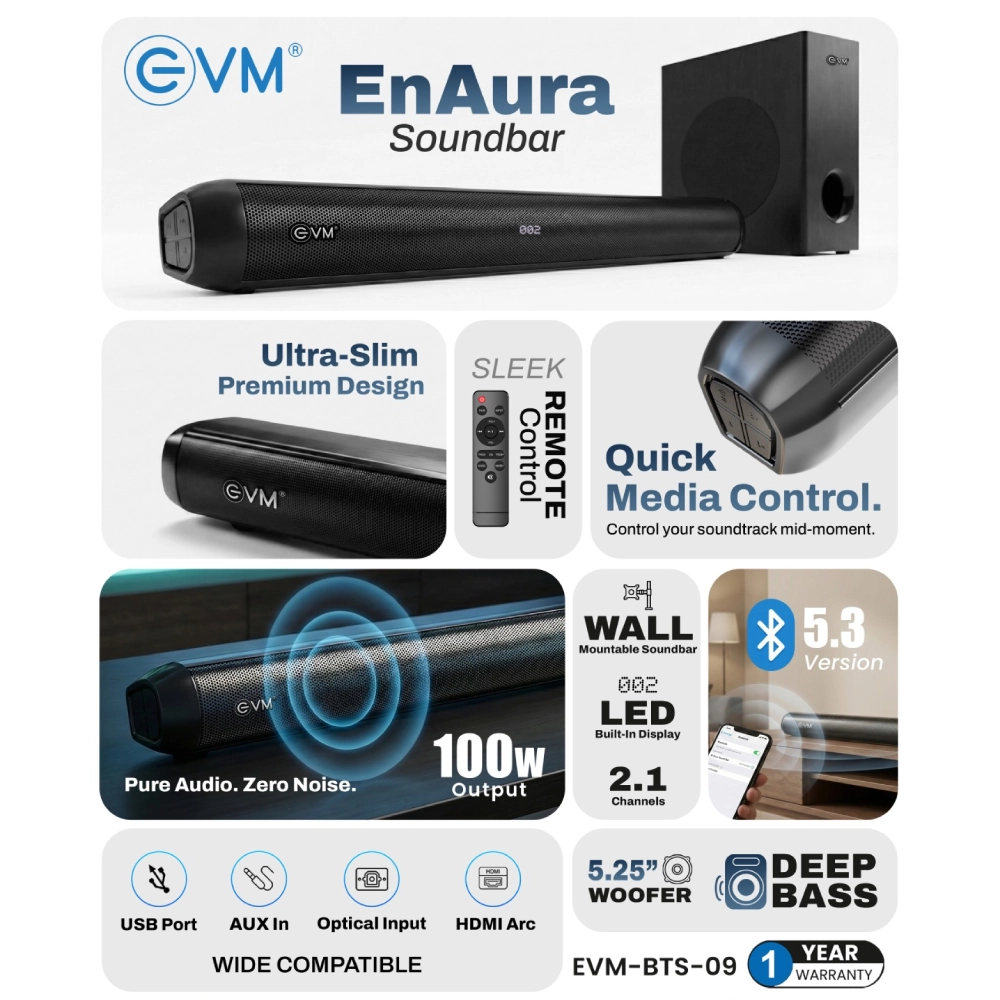 EVM Bluetooth Speaker Soundbar with Remote Control EnAura view 2